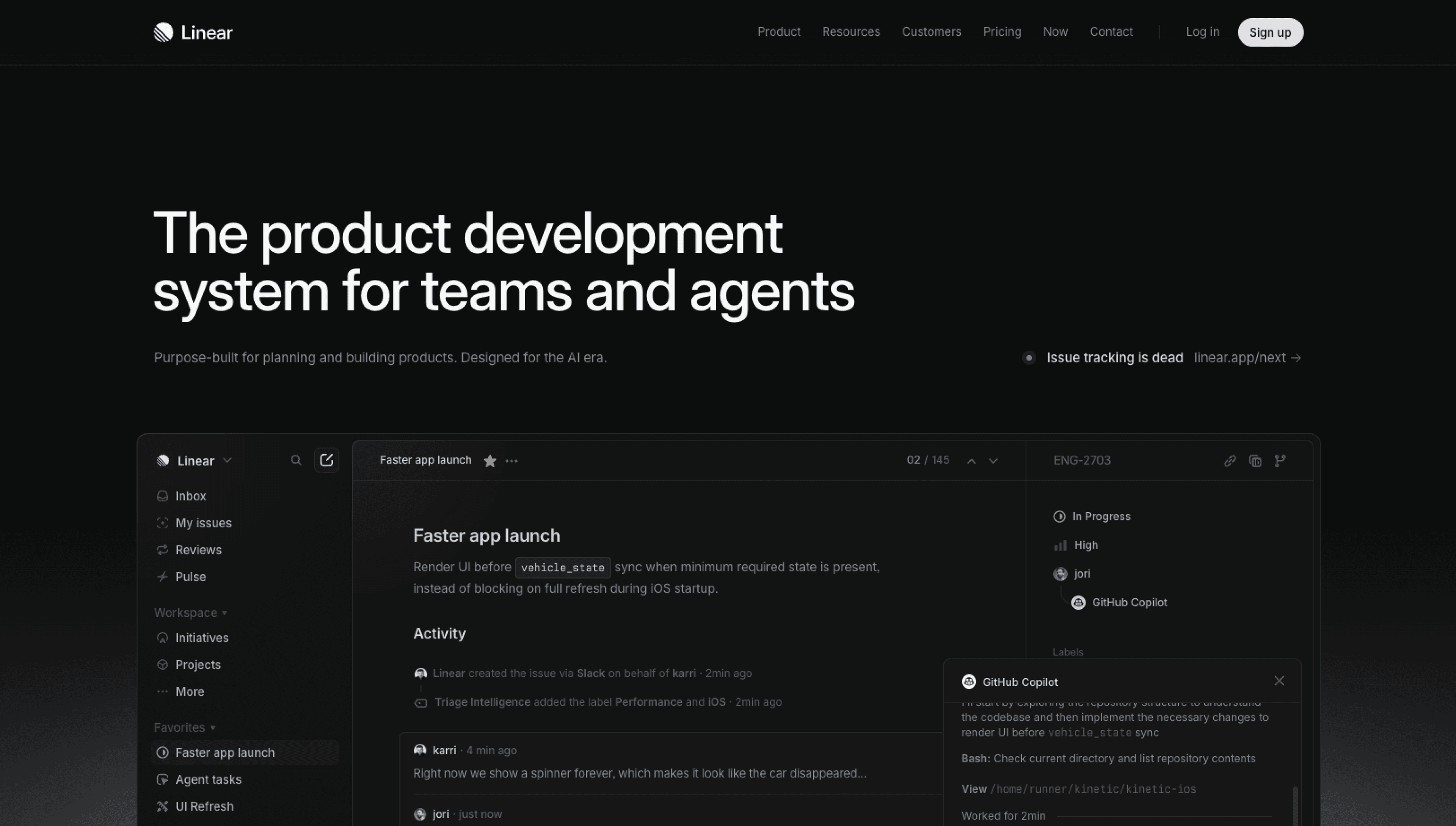 linear.app homepage with product preview